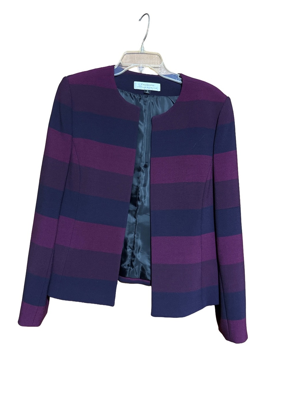 T Tahari Purple & Navy Striped Open-Front Blazer